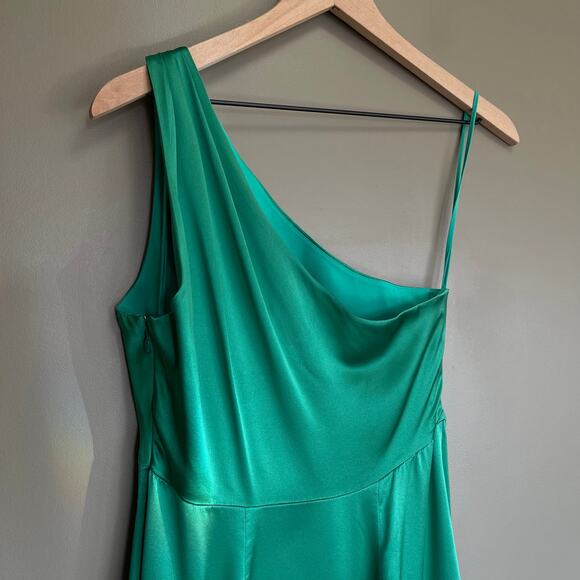CINQ A SEPT Colina Satin One Shoulder Asymmetric Ruffle Dress Green Size 2 Chic - Picture 11 of 16